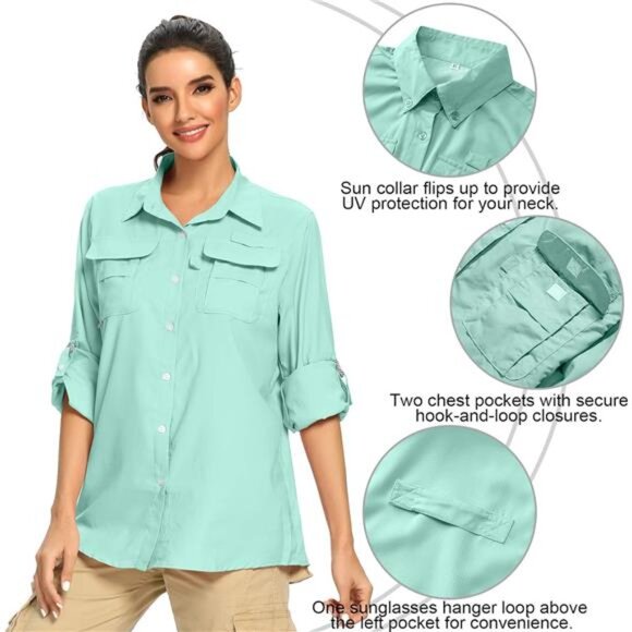 Women's UPF 50+ UV Sun Protection Safari Shirt, Long Sleeve Outdoor Cool Quick - Picture 9 of 16